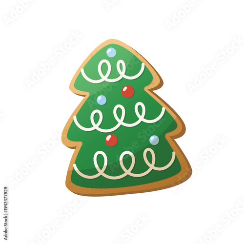 Homemade gingerbread cookie in the shape of an Christmas tree. Sweet glazed cookie