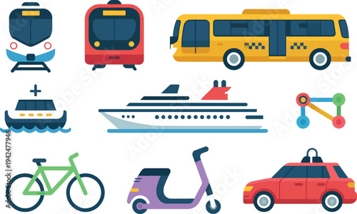 Collection of transportation icons: cars, trains, bikes, and boats