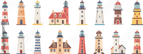 Colorful lighthouse collection vector illustration set, coastal navigation towers, maritime beacons, seaside architecture icons, nautical safety landmarks, flat design