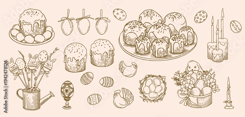 Easter vintage elements set with traditional food. Easter gifts, cakes, eggs, chickens, cookies and candles.