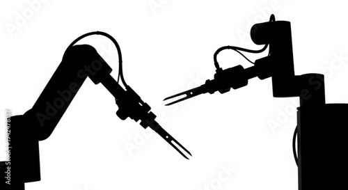 Two industrial robots in a futuristic setting create black and white vector art with technology icons.