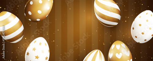 Easter elegant background with white and golden decorative eggs. 3d holiday backdrop template with empty space