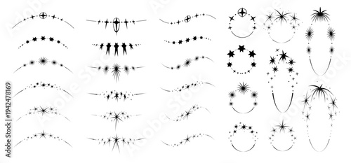 Starry borders set. Star arch, divider, wavy line and round frame with irregular whimsical shapes