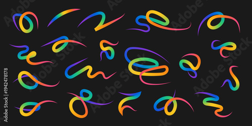 Rainbow line collection. Wavy gradient brush stroke set.