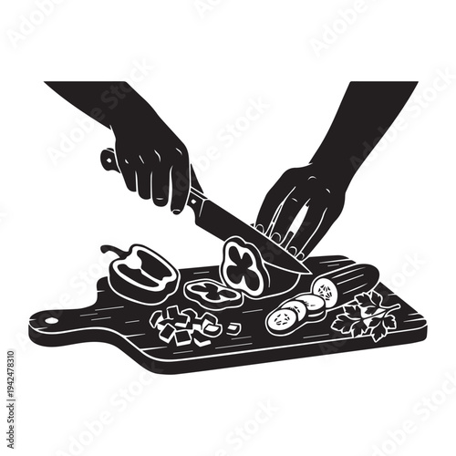 Hand cutting vegetables with a kitchen knife on a chopping board Icon Silhouette vector black design on a white background