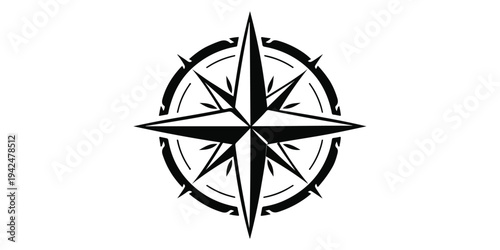A black and white compass rose vector illustration featuring a floral star shape with leaf patterns and elegant nature-inspired art elements for a decorative symbol design