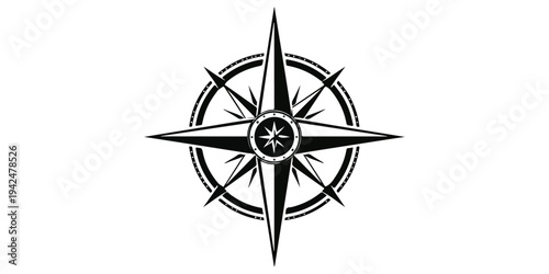 An old nautical compass rose vector illustration with a star symbol and navigation arrows for north, south, east, and west travel direction isolated on a white background