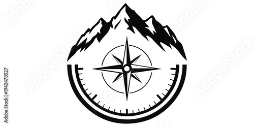 A black and white compass rose vector icon provides a nautical navigation symbol for travel and adventure, featuring a star design with north, south, east, and west arrows for cartography