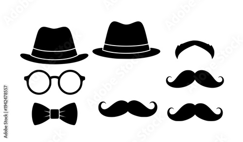 Gentleman disguise set with hat glasses bow tie and mustache vector silhouette elements isolated on white background
