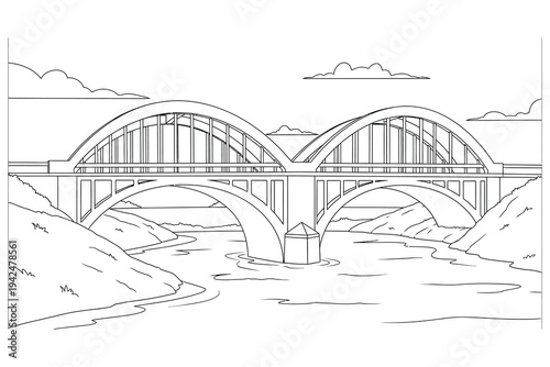 Bridge Over River Coloring Page – Scenic Arch Bridge Landscape Printable Line Art