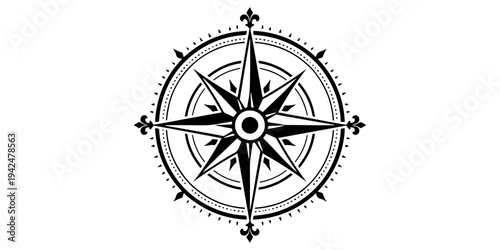 Vector illustration of an old nautical compass rose and map on a white background showing north direction for travel, sea navigation, and adventure exploration