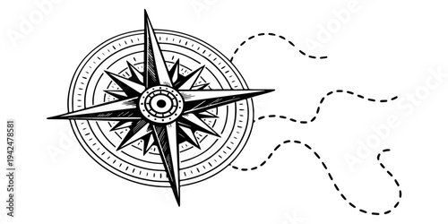 An old nautical windrose vector icon with a compass and map illustrates a travel adventure and the north direction on a cartography sign