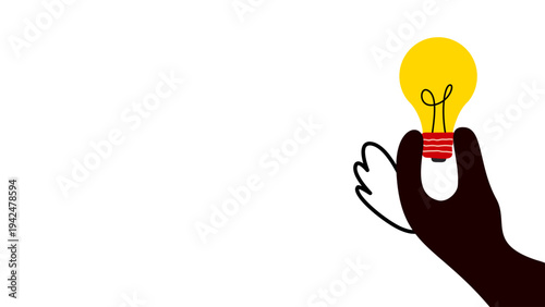 dark hand holding a glowing yellow light bulb against a white background