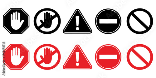 Set of red, white, and black road icons including warning triangles and danger symbols for traffic safety, hazard caution, and high voltage electricity risk isolated on a white vector illustration