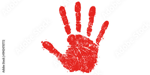 An abstract red handprint in paint or blood shows a human palm and fingers imprinted on a white background as a symbolic identity sign of art