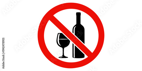 A vector illustration of a red wine bottle and glass inside a no alcohol and no smoking sign symbol for bar or restaurant celebration icons