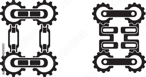 Diagram of two bicycle chain sections composed of interlocking gears detailed and in black and white