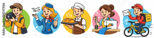 Bright profession avatar set with traveler, sailor, baker, cashier and cyclist in circular frames. Playful characters present tourism, transport, retail and everyday urban services.