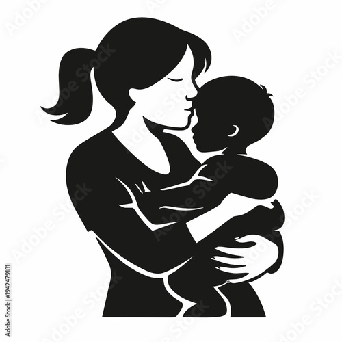 Black silhouette of a mother kissing her baby while holding the child close, expressing tenderness, maternal affection, protection and peaceful family intimacy in vector style.