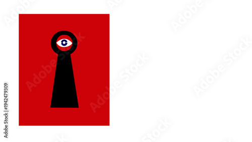 red eye looking through a black keyhole on a red background square