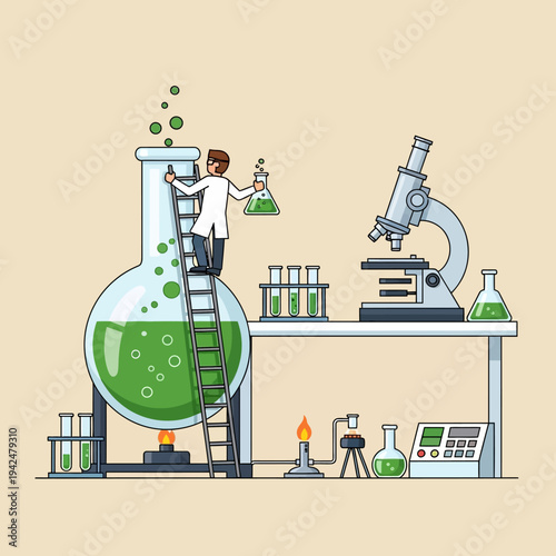 Scientist in lab coat on ladder with flask, conducting experiment with bubbling green liquid