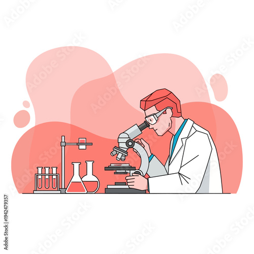Scientist in lab coat using microscope, laboratory research, science experiment