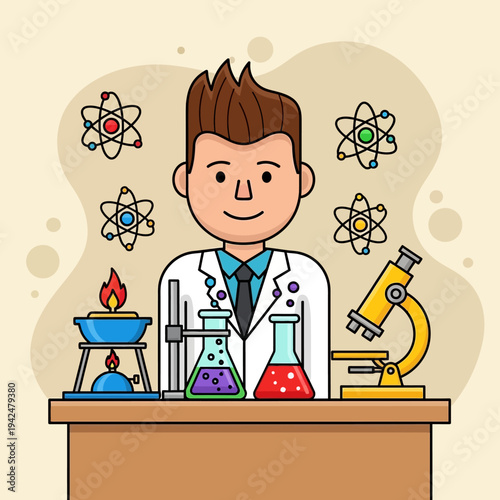 Scientist in Lab Coat with Beaker, Bunsen Burner, and Microscope, Science Atoms