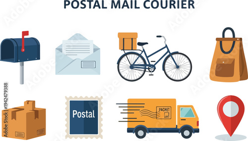 Image displays postal service icons mailbox envelope bike bag box stamp truck location marker