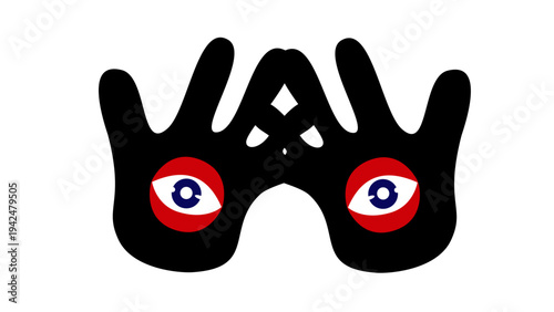 black hands forming a binocular shape with two red eyes inside
