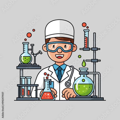 Scientist in lab coat with goggles working with colorful liquids in beakers and test tubes