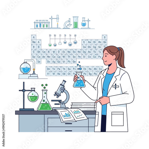 Scientist in lab coat with flask near periodic table and microscope, chemistry research