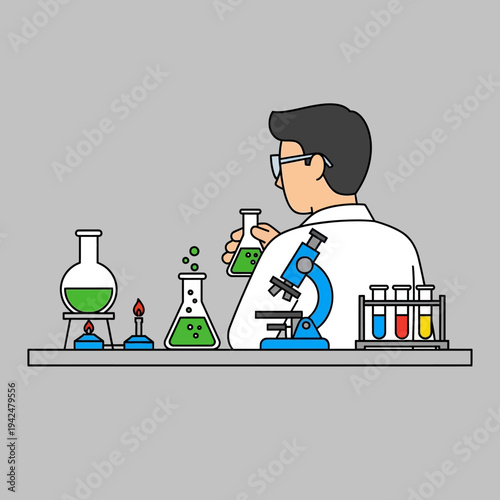 Scientist in lab coat with microscope and beakers, conducting experiment with green liquid