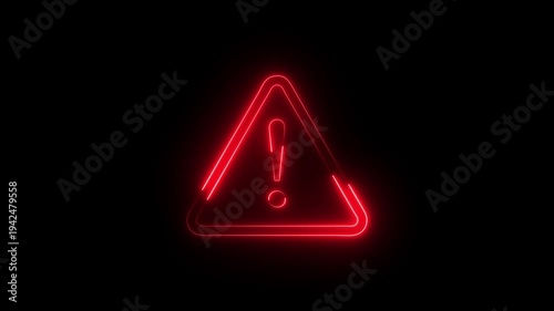 Animation of glowing neon Warning attention icon signal , alert , risk , safety, danger road warning sign animated .neon sign Warning alert .4K black background visuals