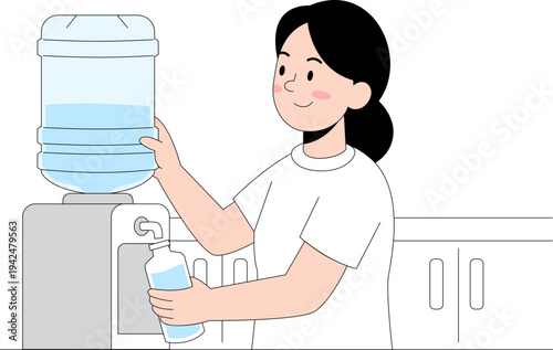 A cheerful young woman in a white t-shirt refilling a water bottle from a water cooler, depicted in a clean, minimalist, flat design style, representing hydration and health in an office env