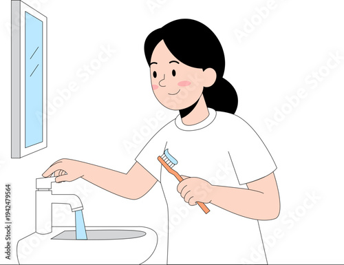 A cheerful young woman in a minimalist flat style brushing her teeth at the bathroom sink with a toothbrush, opening the faucet, promoting oral hygiene for a healthy lifestyle, with clean an