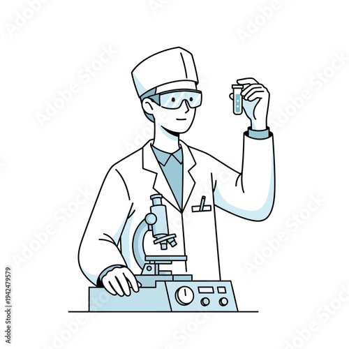 Scientist in lab coat with microscope and test tube, conducting research