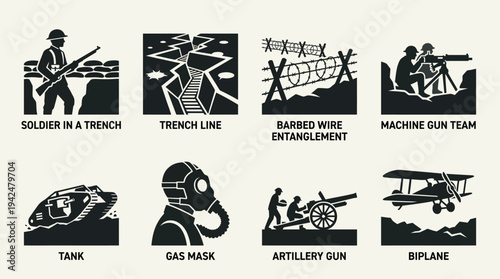  Trench Warfare Vector Icons Flat Military Battlefields