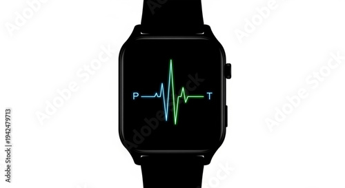 A futuristic smartwatch displays a vibrant heartbeat graphic on its sleek screen.
