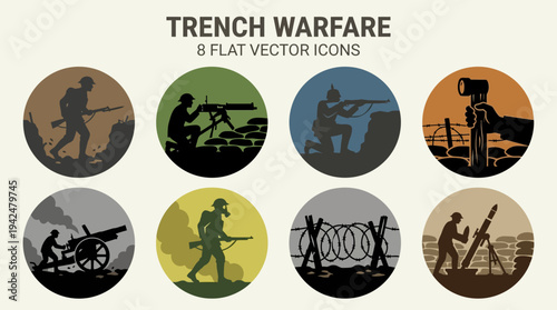  Trench Warfare Vector Icons Flat Military Battlefields