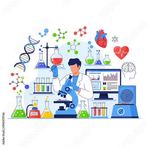 Scientist in lab with microscope, DNA, molecules, heart, brain, and equipment