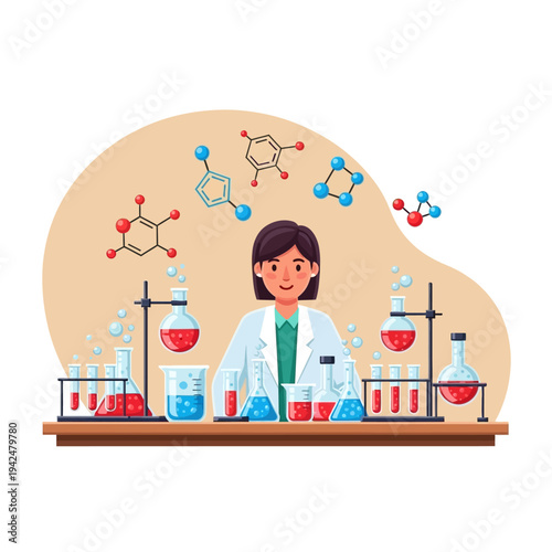 Scientist in lab with molecules and experiments