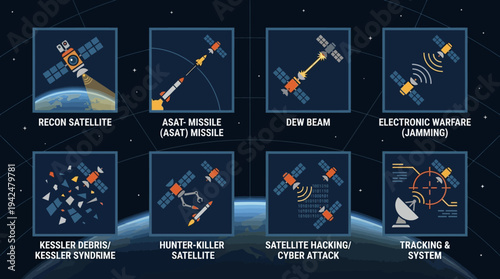  Satellite Warfare Vector Icons Flat Military Orbital Systems