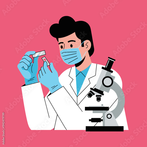 Scientist in mask and gloves examines slide near microscope, medical research concept