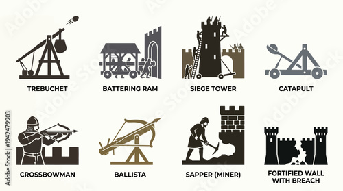 Flat vector icons of siege warfare, 8 elements, historic silhouettes, flat color only.