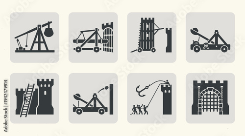 Flat vector icons of siege warfare, 8 elements, historic silhouettes, flat color only.