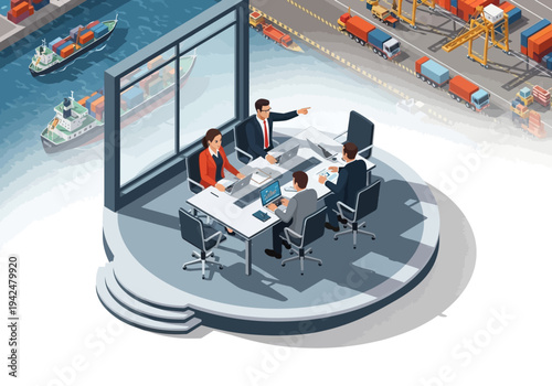 A boardroom meeting with the port visible through the window Five people sit around a table Ships and trucks are present
