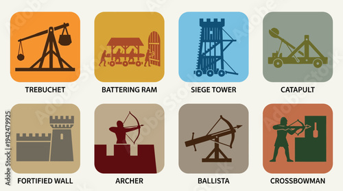 Flat vector icons of siege warfare, 8 elements, historic silhouettes, flat color only.