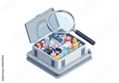A box filled with items viewed via a magnifying glass The box is open