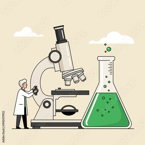 Scientist examining green liquid in flask with microscope, laboratory research concept