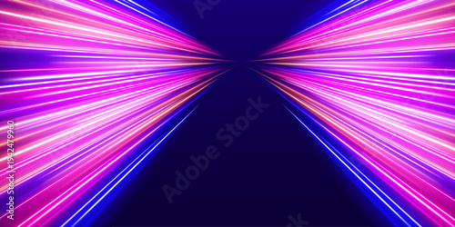 Radiant pink and blue speed trail with luminous gradient glow and flowing light streaks, perfect for futuristic banners and racing visuals. vector